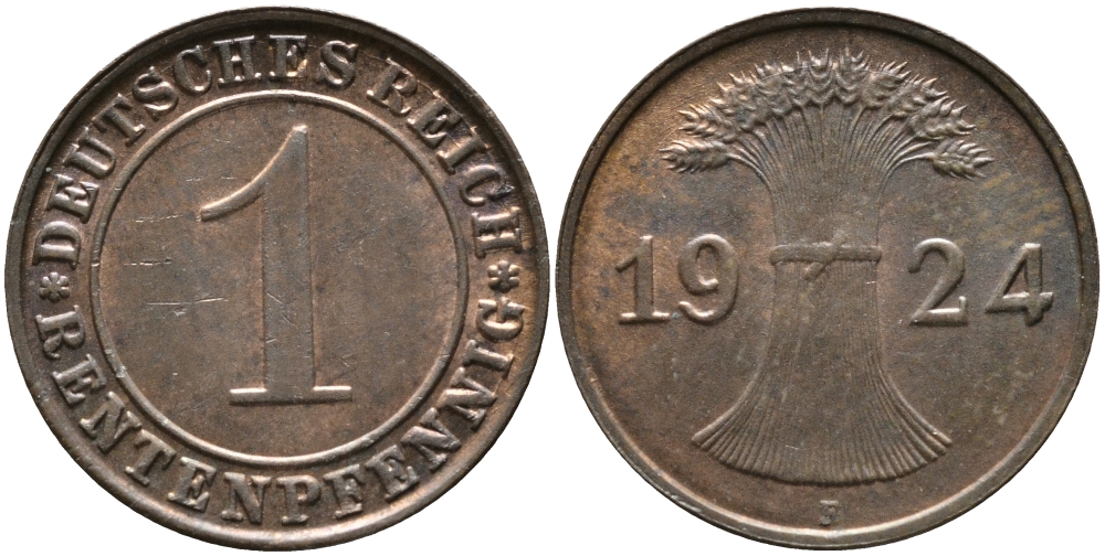 Германия 1 рентенпфенниг 1924 F KM 30, J. 306 бронза UNC 413-2721