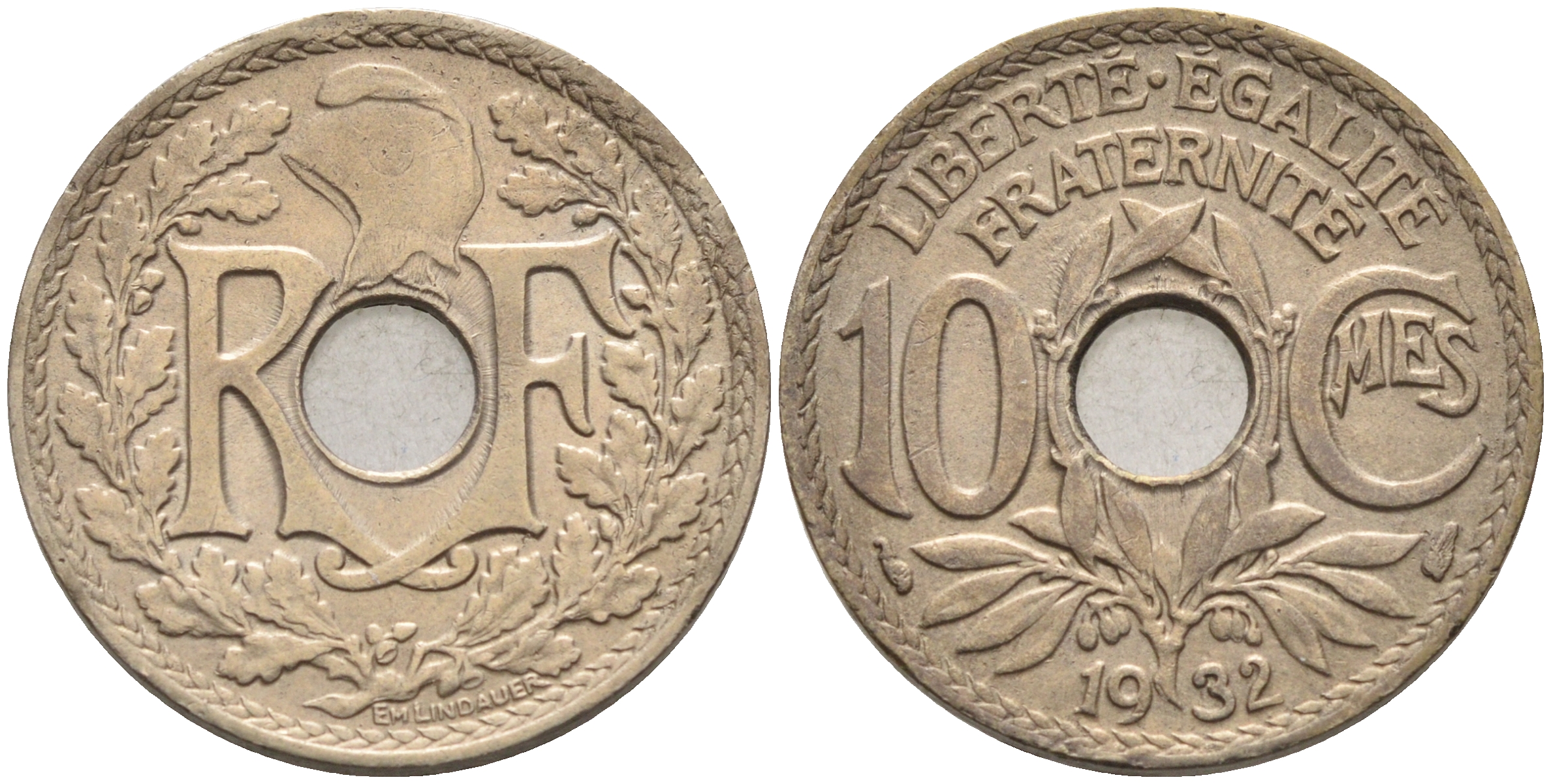 Франция 10 сантимов 1932 тип Линдайё KM 866а медно-никель 4116-456