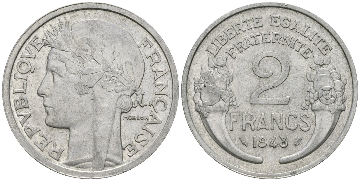 Франция 2 франка 1948 KM 886a.1 алюминий 81-431