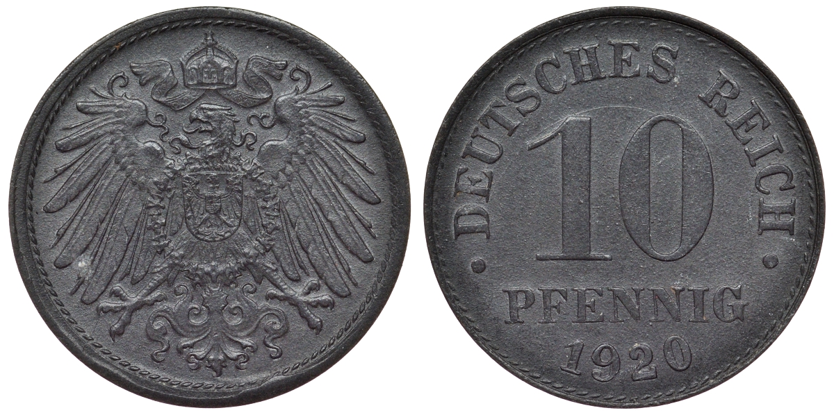 Германия 10 пфеннигов 1920 KM 26, J. 299, Weege 8 цинк 4119-256