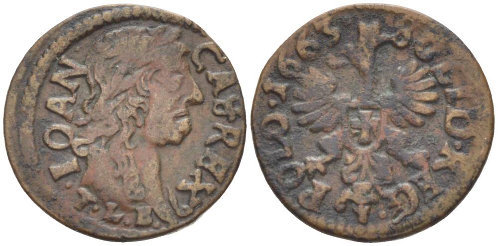 Польша 1 солид (шелаг, шиллинг) 1663 Ян II Казимир Ваза (1649-1668), боратынка, вес 1,25 гр. KM 110 медь 66-228