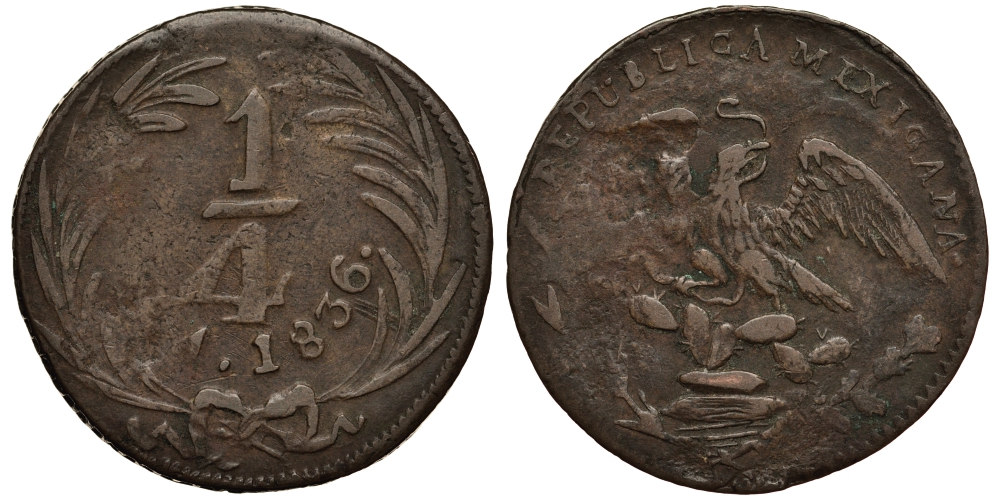 МЕКСИКА 1/4 РЕАЛА 1836 ПЕРВАЯ РЕСПУБЛИКА, МЕХИКО СИТИ KM 358 медь VF- 3334-525