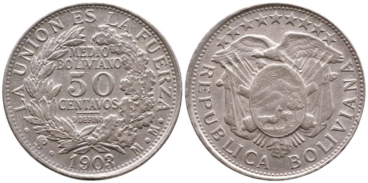 Боливия 50 сентаво 1903 MM KM 175.1 серебро 00-00