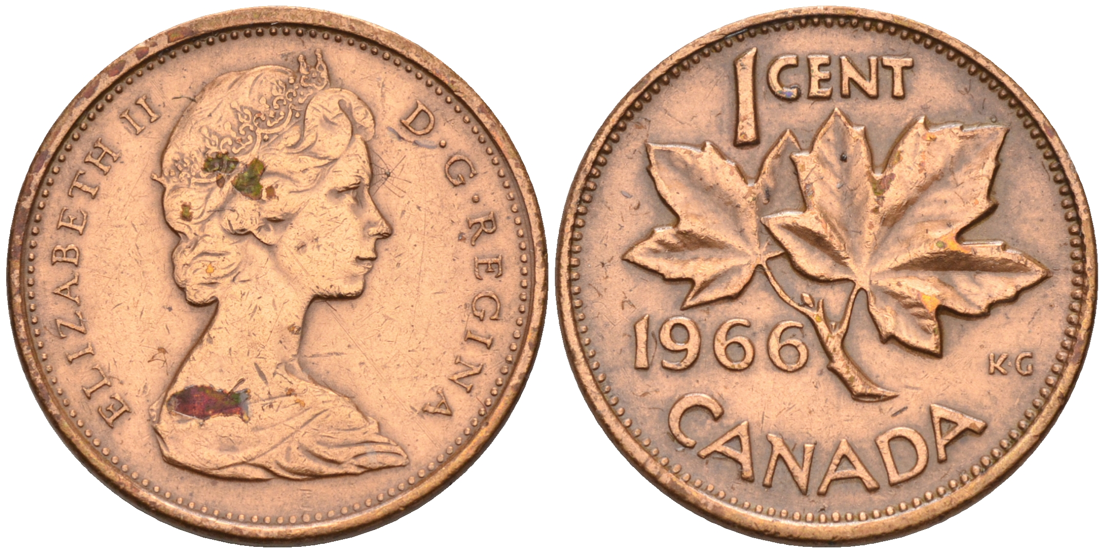 Канада 1 цент 1966 Елизавета II (1952-2022), кленовый лист KM 59.1 бронза 4115-255