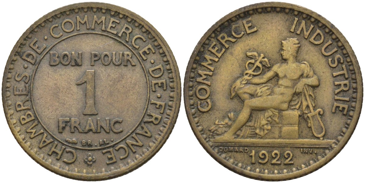 Франция 1 франк 1922 KM 876, Le Franc 218.5 алюминиевая бронза 4142-616