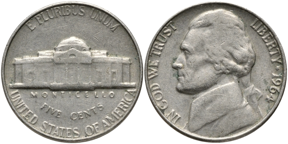 США 5 ЦЕНТОВ 1964 ДЖЕФФЕРСОН KM A192 медно-никель 4390-332