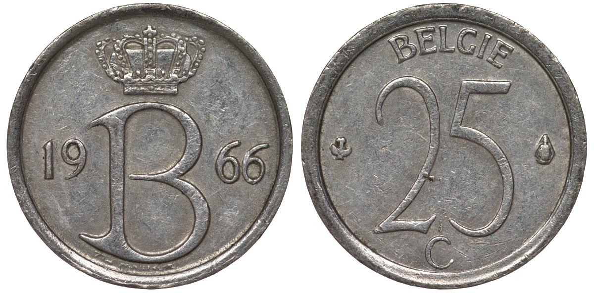 Бельгия 25 сантимов 1966 Belgie, Бодуэн I (1951-1993) KM 154.1 медно-никель 4124-538