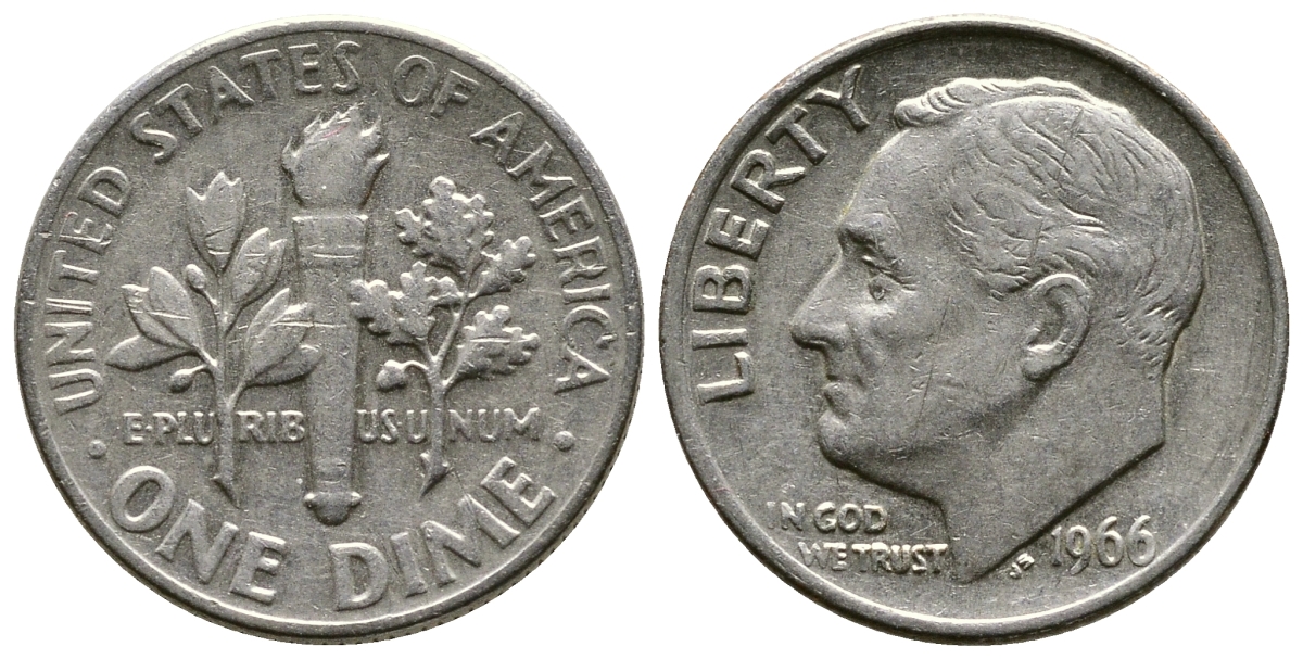 США 10 ЦЕНТОВ = 1 ДАЙМ 1966 РУЗВЕЛЬТ KM 195а медь плакированная медно-никелем 37-219