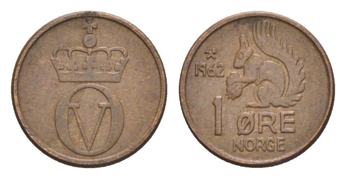 Норвегия 1 эре 1962 Улаф V (1957-1991) KM 403 бронза 4632-1114