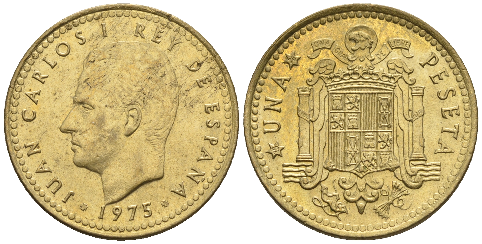 Испания 1 песета 1975 (76) Хуан Карлос I (1975-2014) KM 806 алюминиевая бронза 85-657