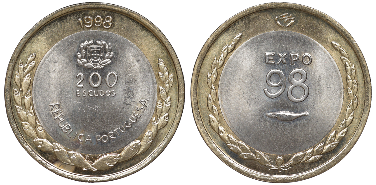 Португалия 200 эскудо 1998 EXPO-98, эмблема KM 706 биметалл 4536-913
