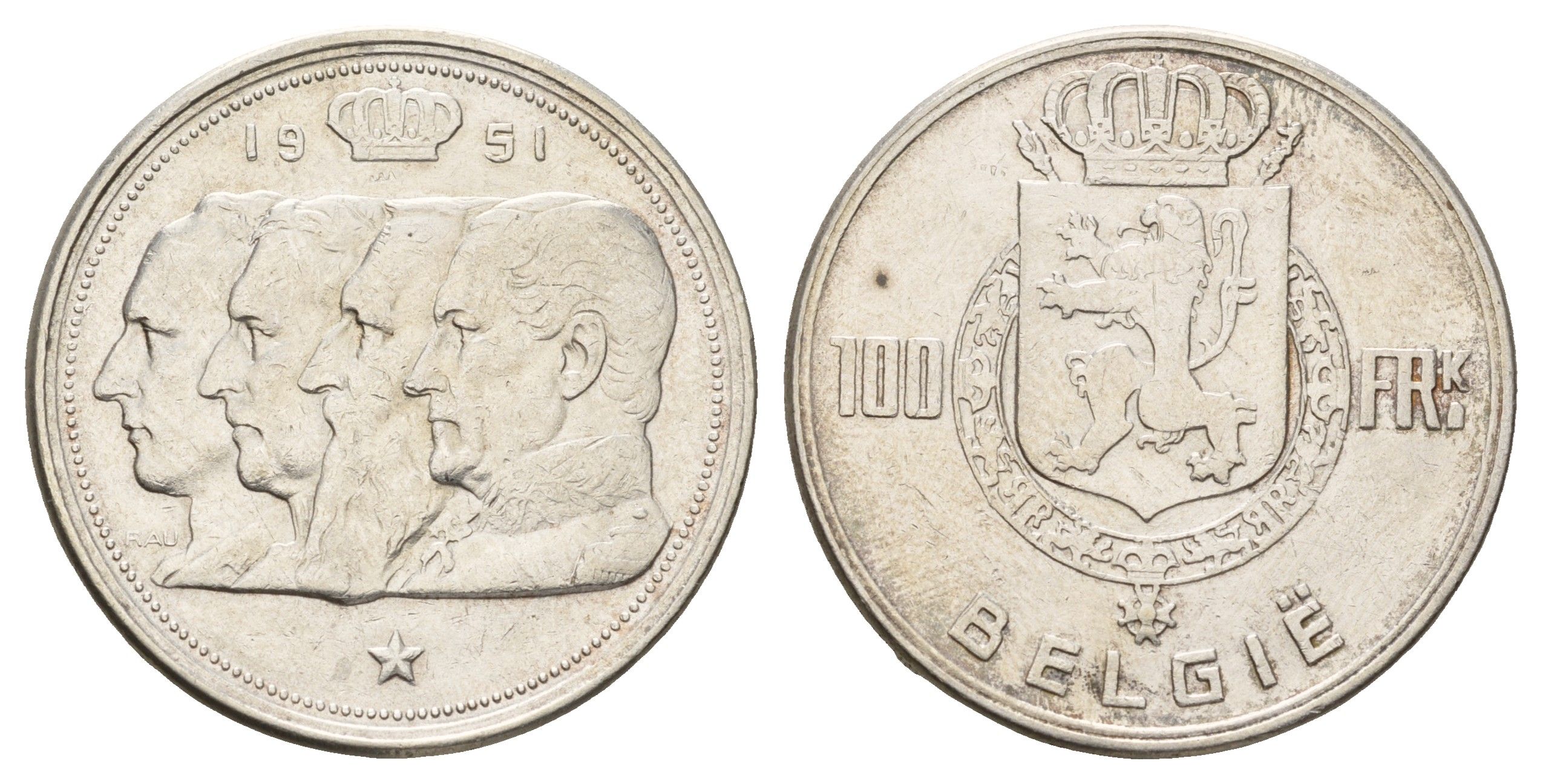 Бельгия 100 франков 1951 Бодуэн I (1951-1993), Belgiqe KM 139 серебро 1519-931