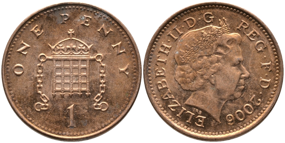 Великобритания 1 пенни 2006 Елизавета II (1952-2022) KM 986, Spink 4710 (B5) сталь плакированная медью 65-923