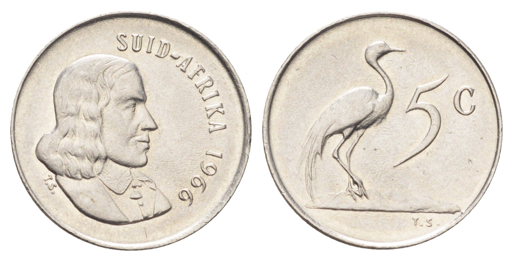 ЮАР 5 центов 1966 Ян ван Рибек (1619-1677), Suid Africa, легенда на африкаанс, райский журавль KM 67.2 медно-никель 4696-952