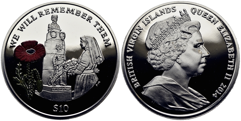 Британские Виргинские острова 10 долларов 2014 в память героев первой мировой войны, памятник, красный мак KM NEW серебро, эмаль  PROOF 1071-1-24
