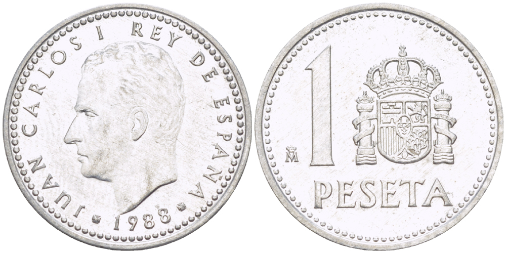 ИСПАНИЯ 1 ПЕСЕТА 1988 ХУАН КАРЛОС I ( 1975-) KM 821 алюминий 216-431