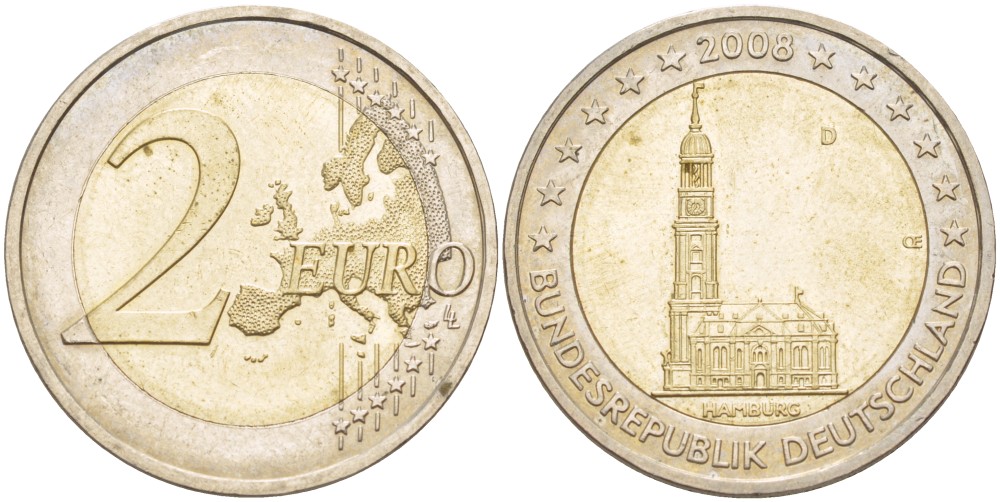 ФРГ 2 евро 2008 D, серия федеральные земли, церковь Св. Михаила в Гамбурге KM 261 биметалл 4543-446