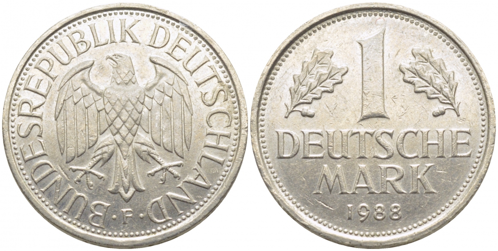 ФРГ 1 МАРКА 1988 F J.385, KM 110 медно-никель 3856-216