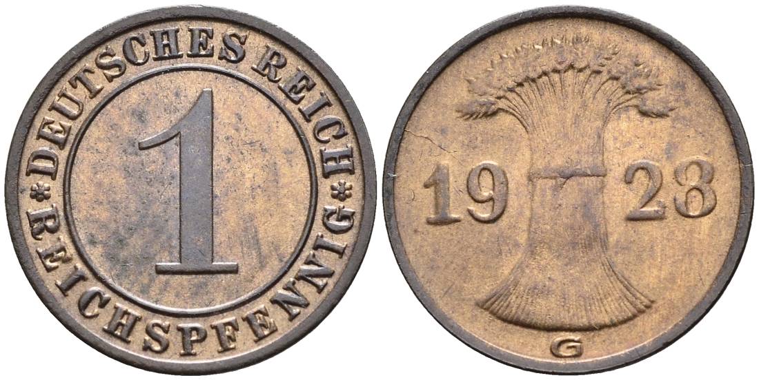 ГЕРМАНИЯ 1 РЕЙХСПФЕННИГ 1928 G KM 37, J. 313, Weege 2 бронза 4547-136