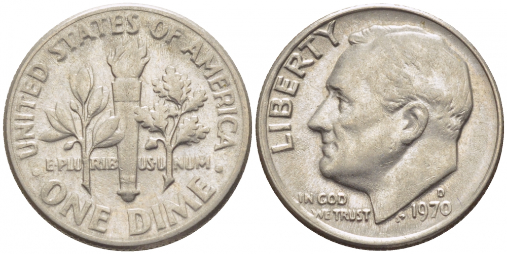 США 10 ЦЕНТОВ = 1 ДАЙМ 1970 D, РУЗВЕЛЬТ KM 195а медь плакированнная медно-никелем 105-1041