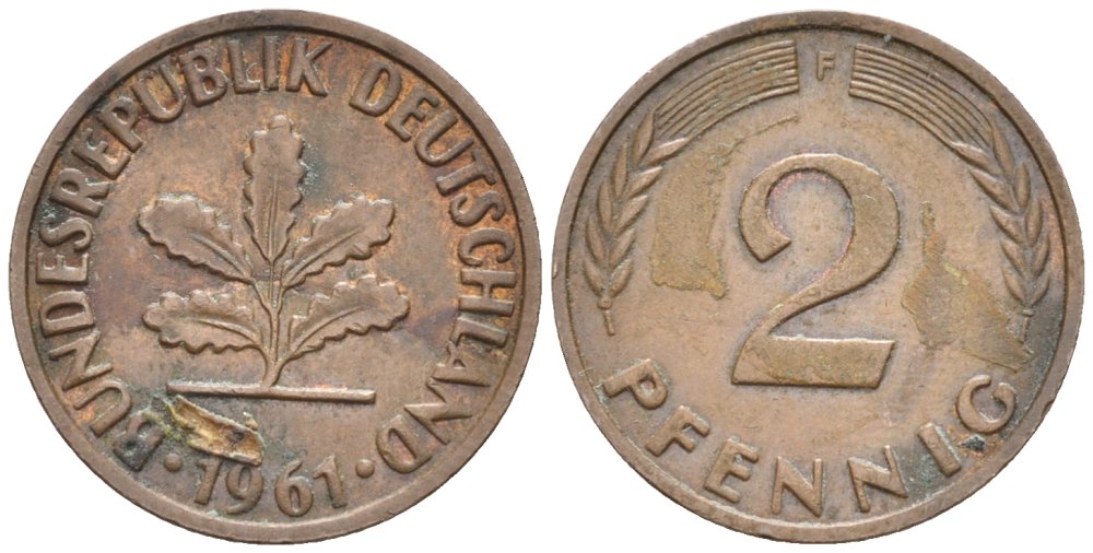 ФРГ 2 пфеннига 1961 F KM 106, J. 381 бронза 4577-415