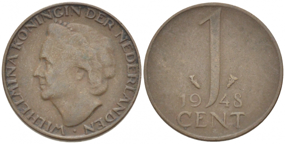 Нидерланды 1 цент 1948 Вильгельмина (1890-1948), год тип KM 175 бронза 3955-212