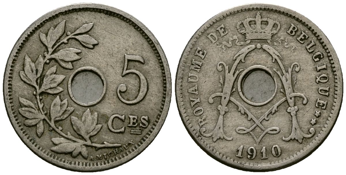 Бельгия 5 сантимов 1910 Belgique, Альберт I (1909-1934) KM 66 медно-никель 4173-436