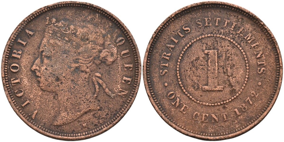Стрейтс-Сетлментс 1 цент 1872 Виктория (1837-1901), Ост-Индская компания KM 9 медь 4590-314