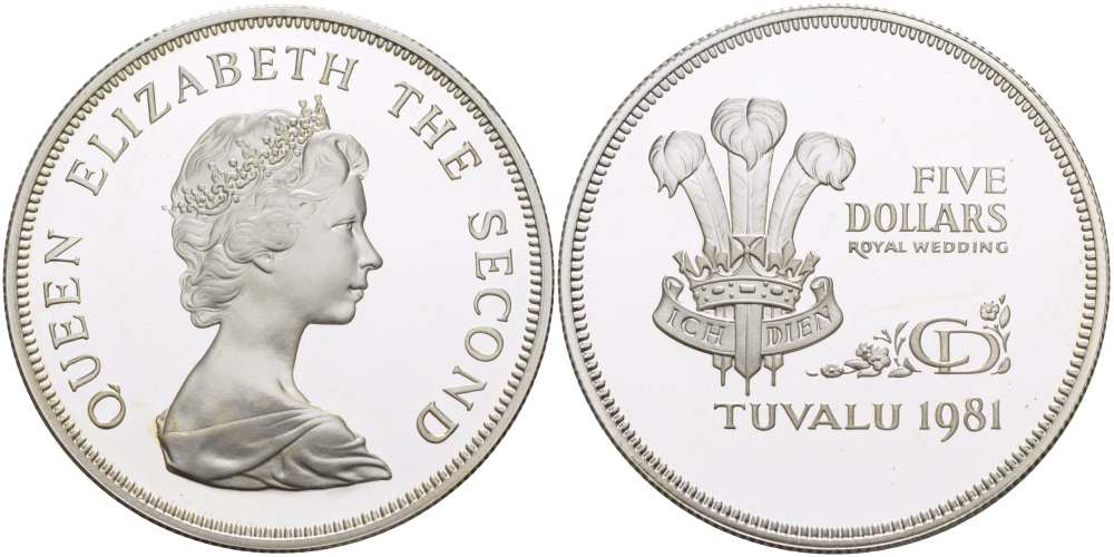 Тувалу 5 долларов 1981 королевская свадьба принца Чарльза и леди Дианы KM 12а серебро PROOF 1085-6-14