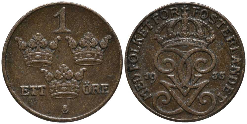 Швеция 1 эре 1933 Густав V (1907-1950) KM 777.2 бронза 201-1131