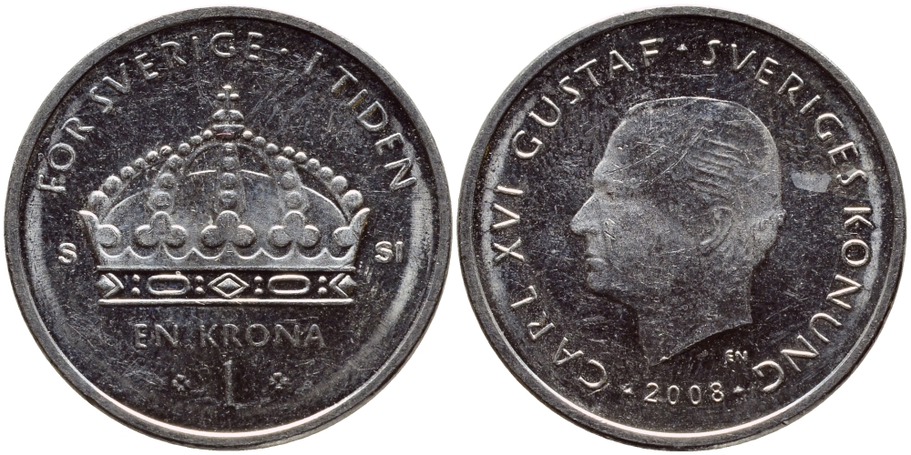Швеция 1 крона 2008 Карл XVI Густав (1973- ) KM 894 медно-никель 86-523