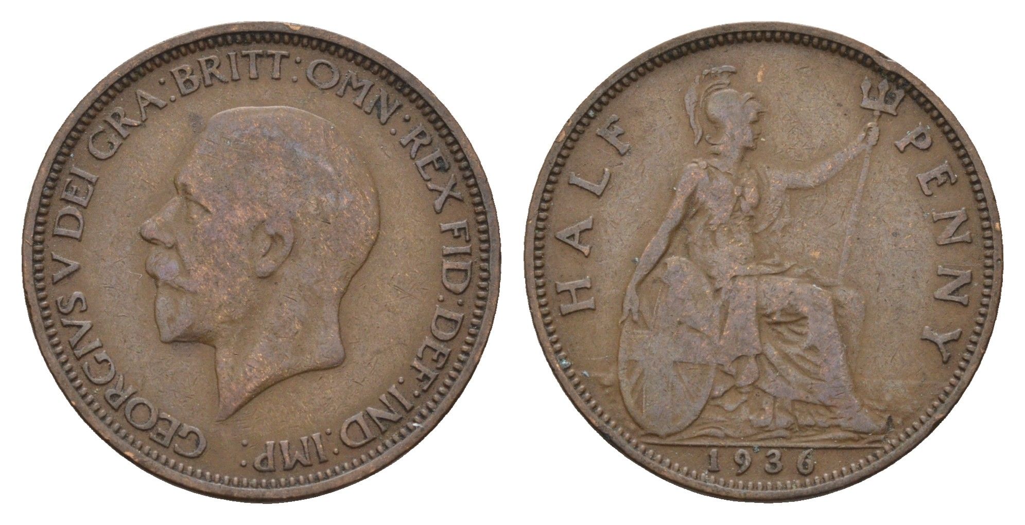 Великобритания 1/2 пенни 1936 Георг V (1910-1936) KM 837, Spink 4058 бронза 4675-414
