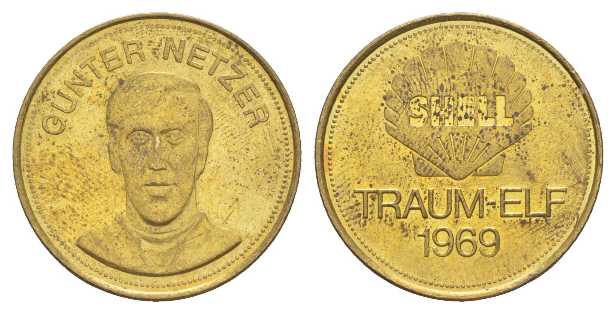 Германия жетон Shell - Dream Team Германии - Гюнтер Нетцер 1969 диаметр 26 мм, вес 5 гр сталь плакированная латунью 4175-743