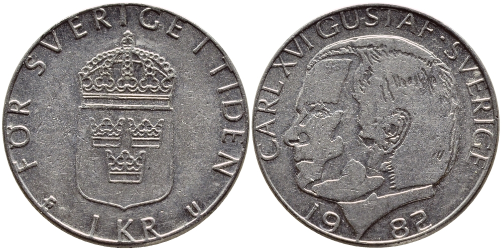 Швеция 1 крона 1982 Карл XVI Густав (1973- ) KM 852a медно-никель 4397-1051