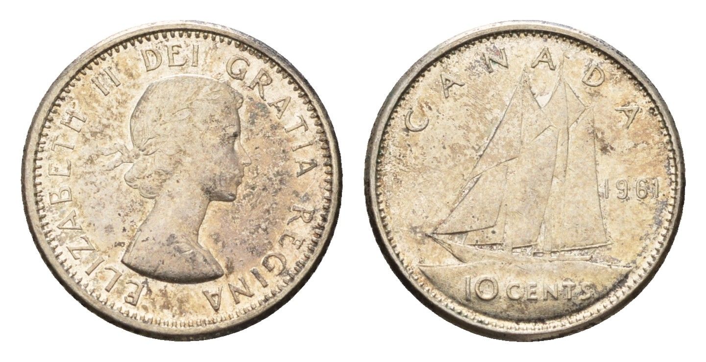 Канада 10 центов 1961 парусник, Елизавета II (1952-2022) KM 51 серебро 4669-642
