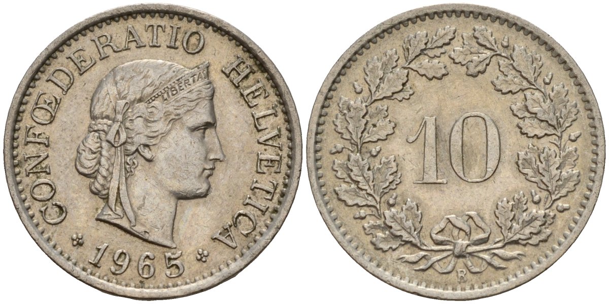 Швейцария 10 раппенов 1965 B KM 27 медно-никель 4189-413