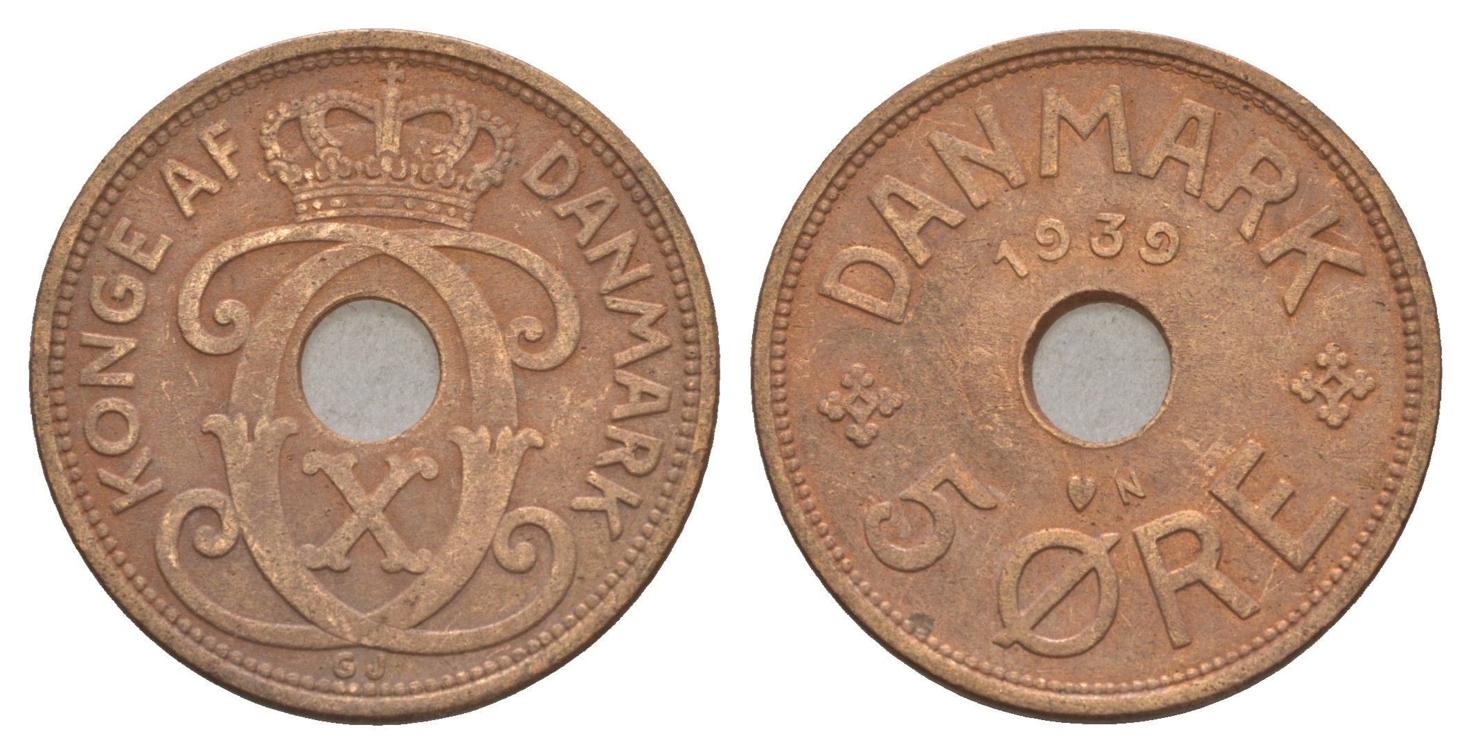 Дания 5 эре 1939 N, Кристиан X (1912-1947) KM 828 бронза 4657-255