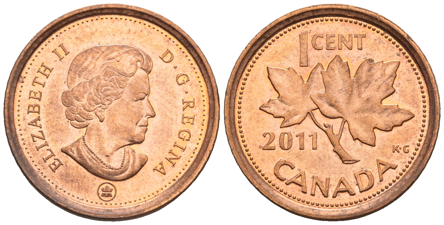 Канада 1 цент 2011 Елизавета II (1952-2022), кленовый лист KM 490 цинк плакированный медью 4609-424