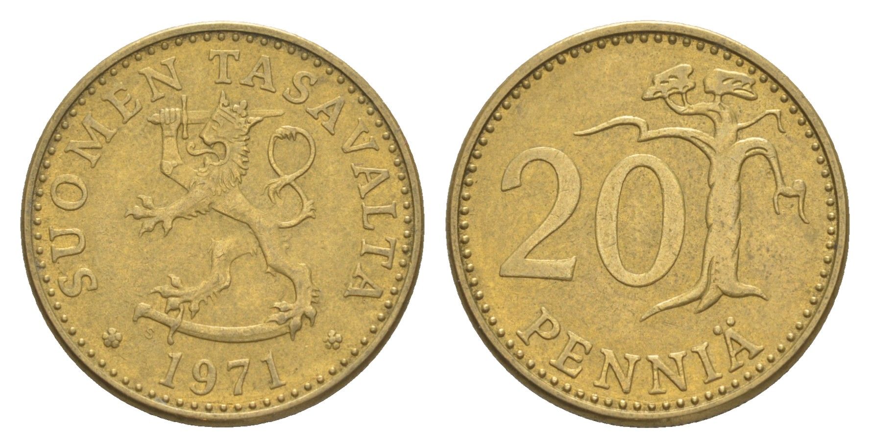 Финляндия 20 пенни 1971 KM 47 алюминиевая бронза 4525-844