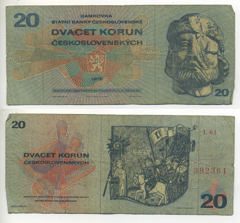 ЧЕХОСЛОВАКИЯ 20 КРОН 1970 (1971) СЕРИЯ L, ЯН ЖИЖКА Pick 92 бумага 7553-21-2