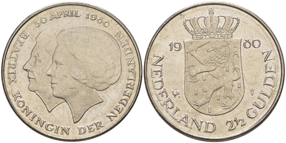 Нидерланды 2 1/2 гульдена 1980 коронация Беатрикс, 30 апреля 1980 KM 201 никель 38-131