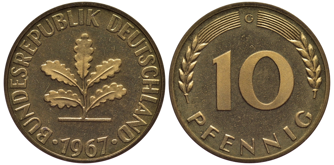 ФРГ 10 пфеннигов 1967 G J 383, KM 108 сталь плакированная латунью  PROOF  1099-4-22