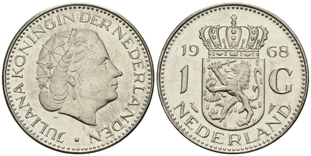 Нидерланды 1 гульден 1968 Юлиана (1948-1980) KM 184a никель UNC 4579-522