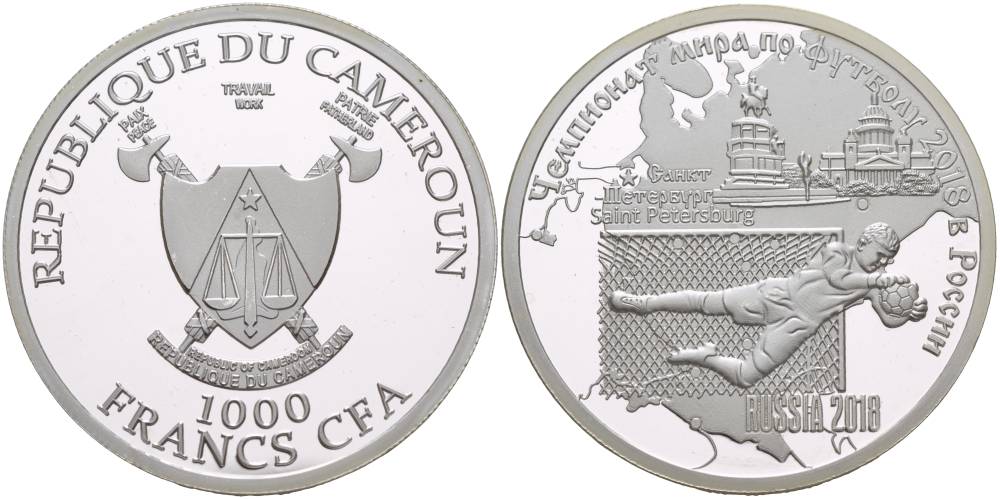 Камерун 1000 франков ND (2018) чемпионат мира по футболу - 2018, Россия, Санкт-Петербург KM NEW серебро PROOF 1088-3-13