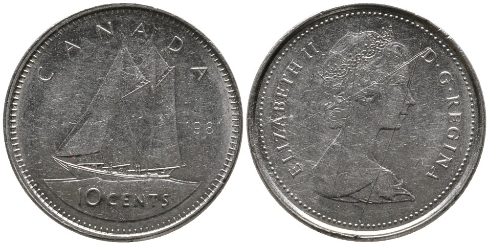 Канада 10 центов 1981 Елизавета II (1952-2022), парусник KM 77.2 никель 4532-826