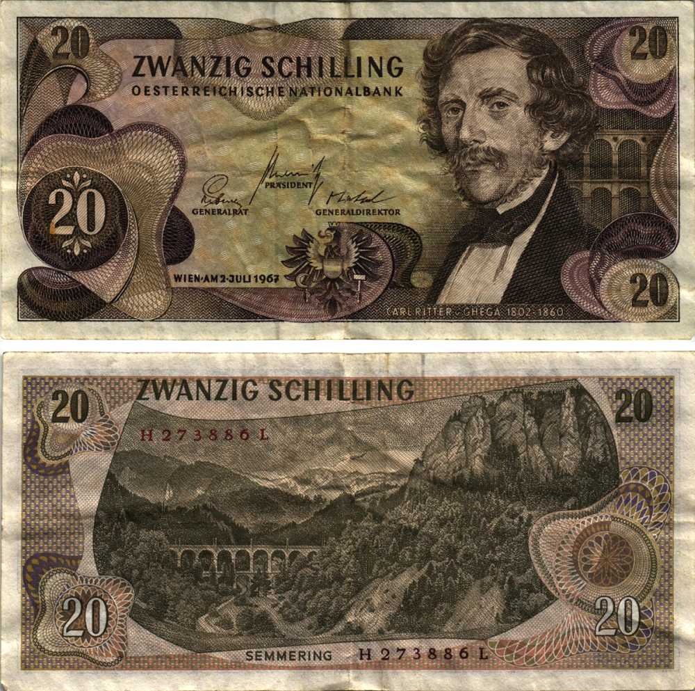АВСТРИЯ 20 ШИЛЛИНГОВ 1967 (1968) 2 ИЮЛЯ 1967, КАРЛ РИТЕР фон ГЕГА Pick 142а бумага 8608-33-1