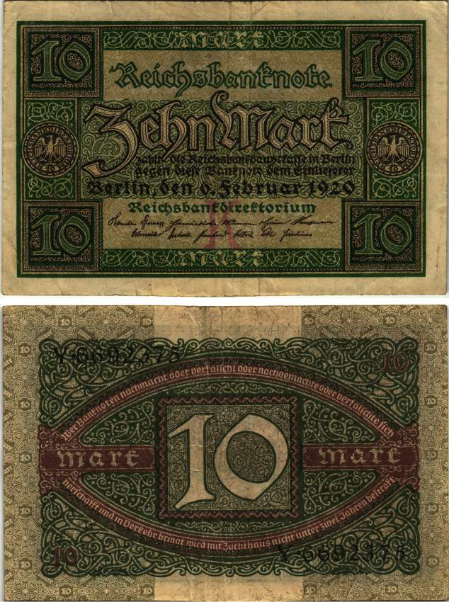 ГЕРМАНИЯ 10 МАРОК 1920 6 ФЕВРАЛЯ 1920, БУКВА K, СЕРИЯ Y, СЕМЬ ЦИФР В НОМЕРЕ СЕРИИ Pick 67, Rosenberg 63а бумага 8616-10-1-1