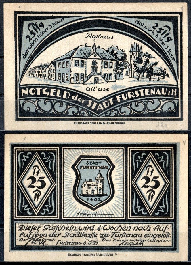 Фюрстенау (Пруссия, Ганновер) 25 пфеннигов 1921 Mehl Grabowski 400.1-1/4 бумага UNC (пресс) 7555-53-3-1