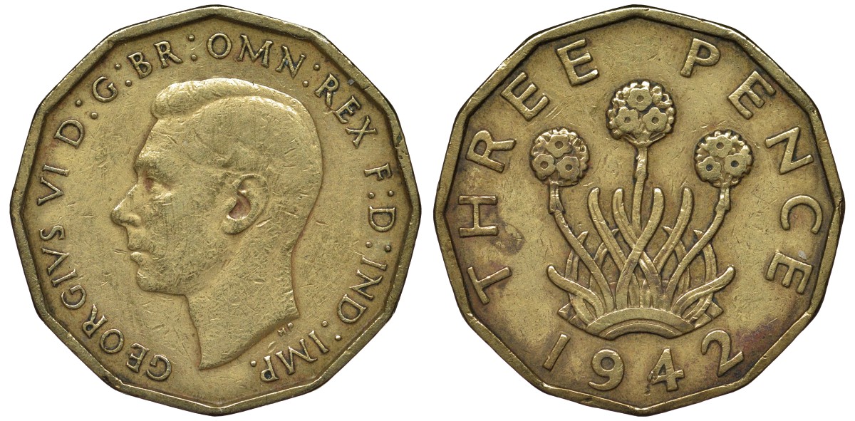 Великобритания 3 пенса 1942 Георг VI (1936-1952) KM 849, Spink 4112 никель латунь 4122-914