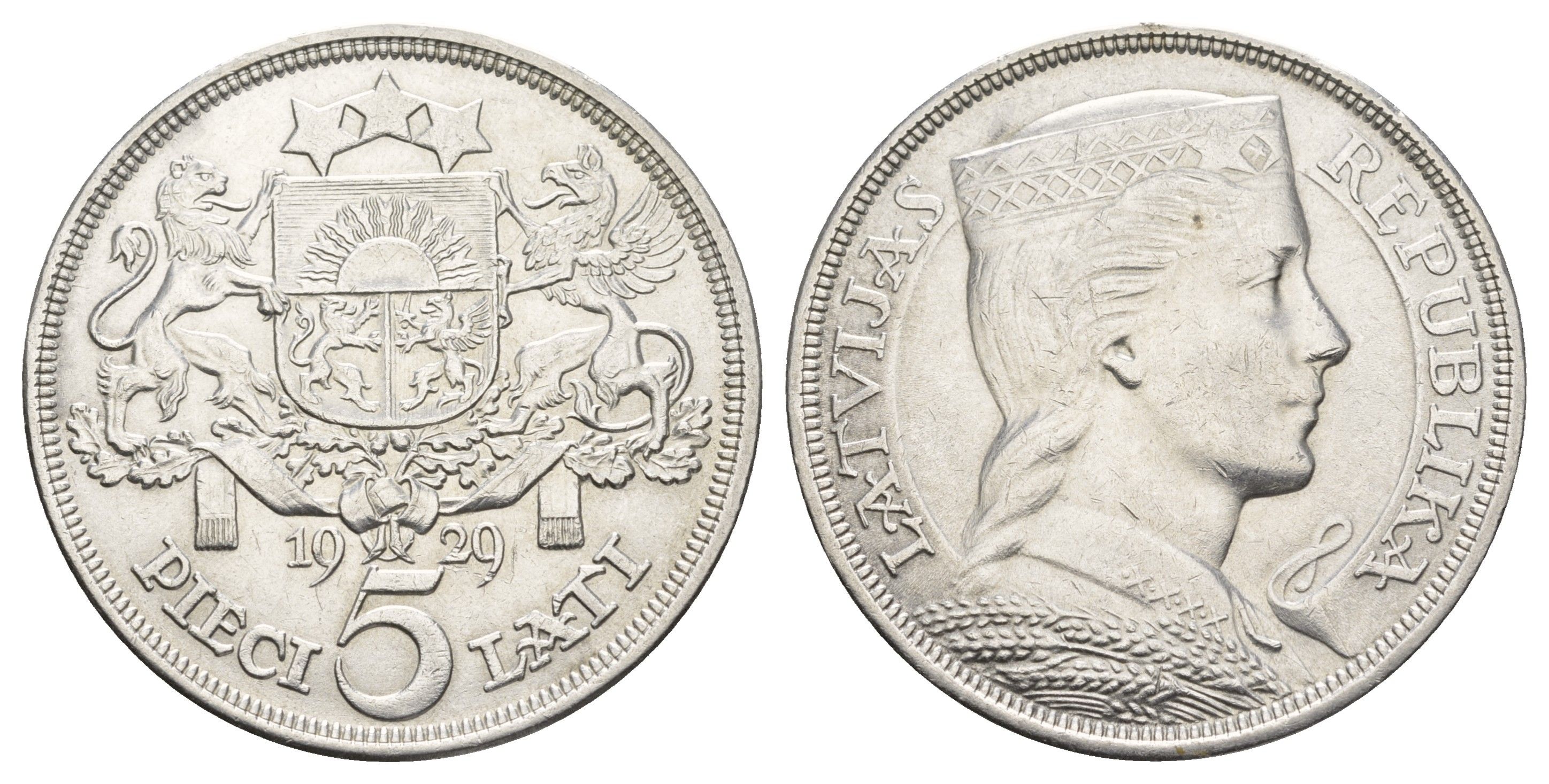 Латвия 5 латов 1929 девушка KM 9 серебро 443-1012